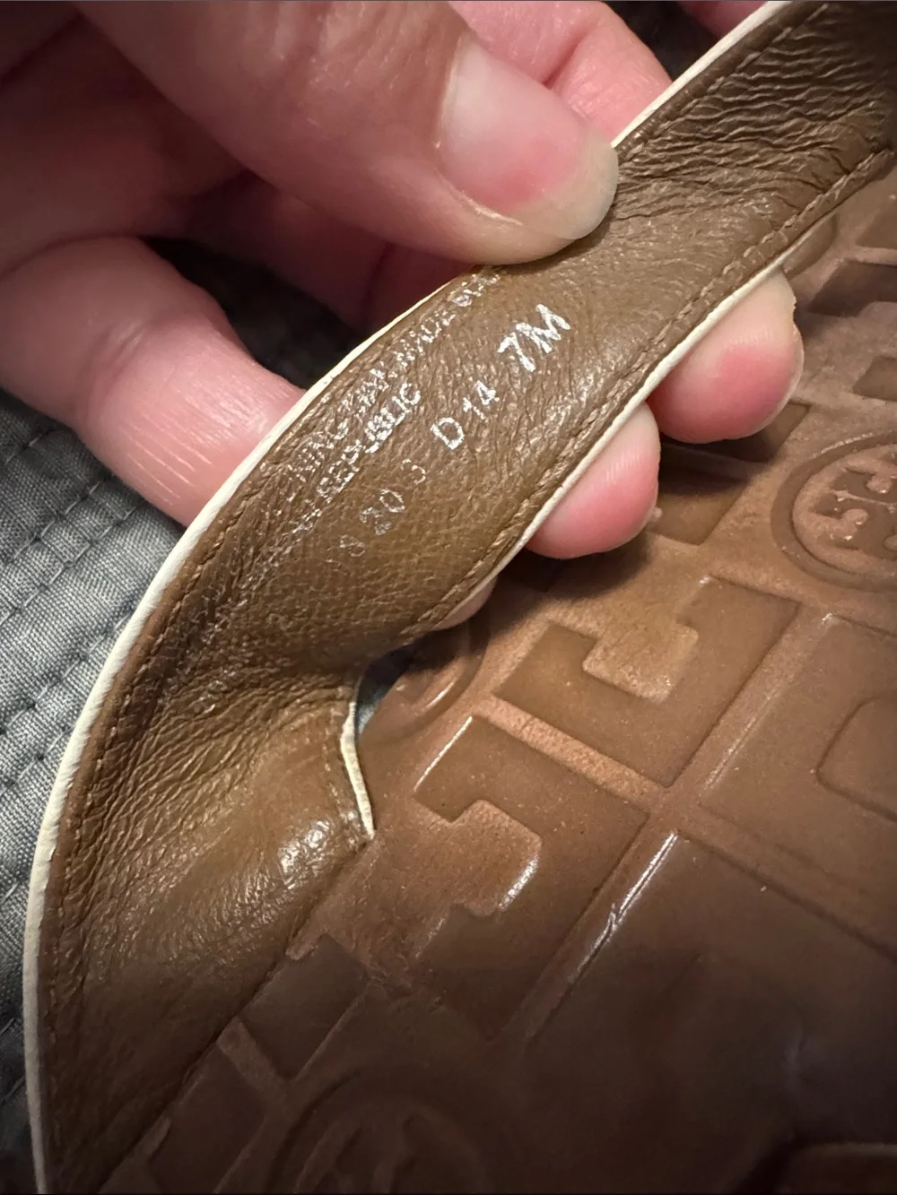 Tory Burch Light Cream Leather and Brown Logo-Embossed Thong Sandals
